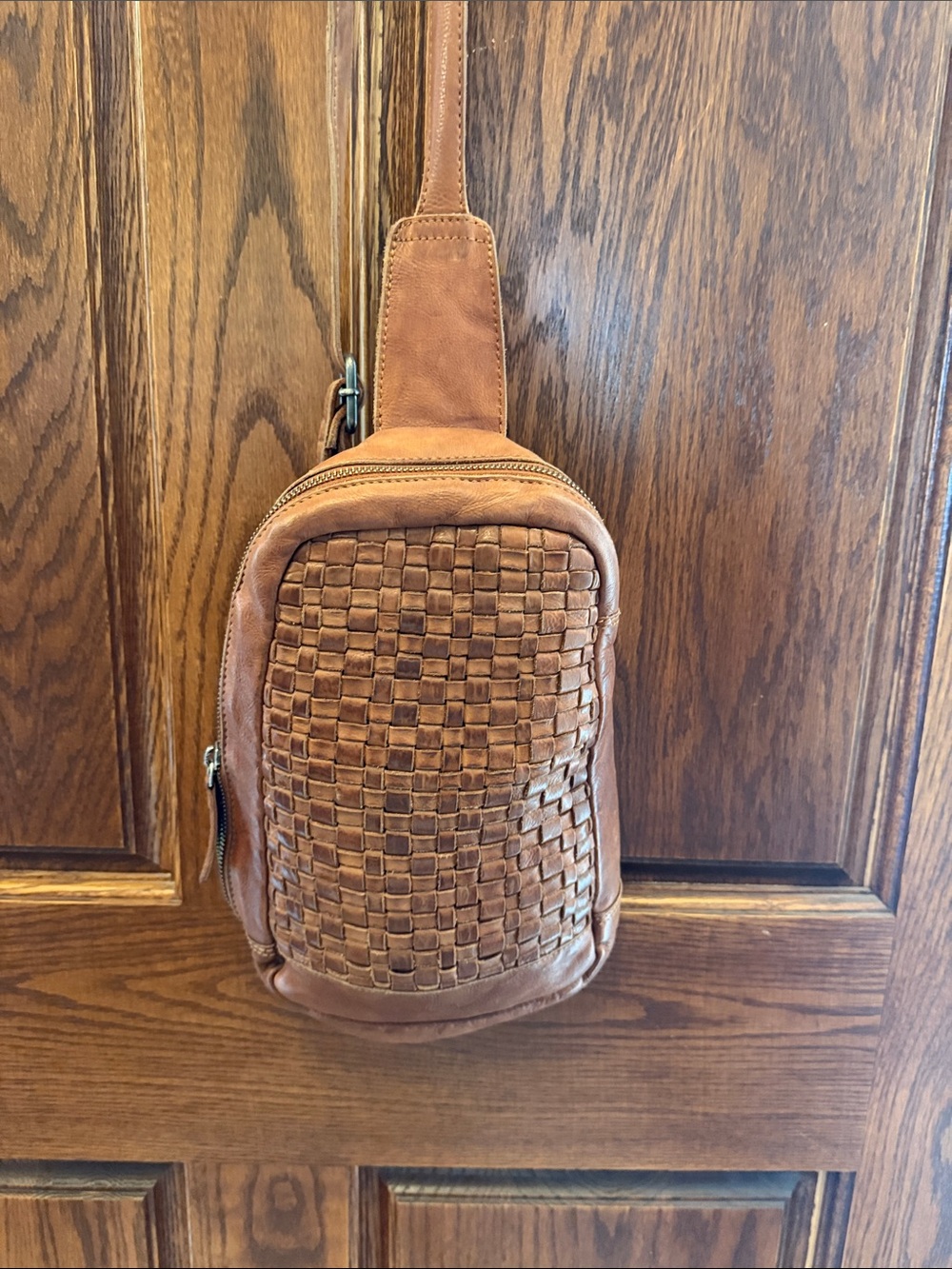 Woven Leather Sling Belt Bag - brown